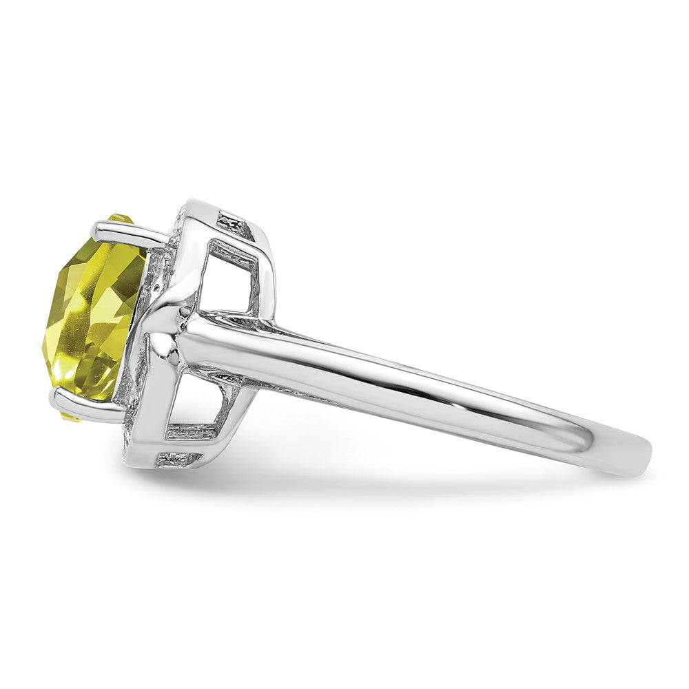 Sterling Silver Rhodium Diamond & Checker Cut Lemon Quartz Ring
