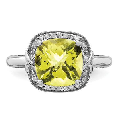 Sterling Silver Rhodium Diamond & Checker Cut Lemon Quartz Ring