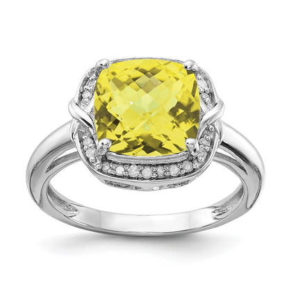 Sterling Silver Rhodium Diamond & Checker Cut Lemon Quartz Ring