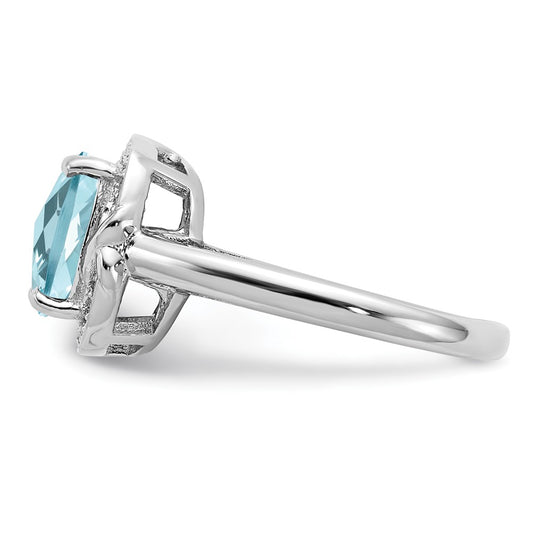 Sterling Silver Rhodium Diamond & Checker Cut Sky Blue Topaz Ring