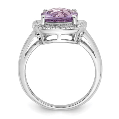 Sterling Silver Rhodium Diamond & Checker Cut Pink Quartz Ring