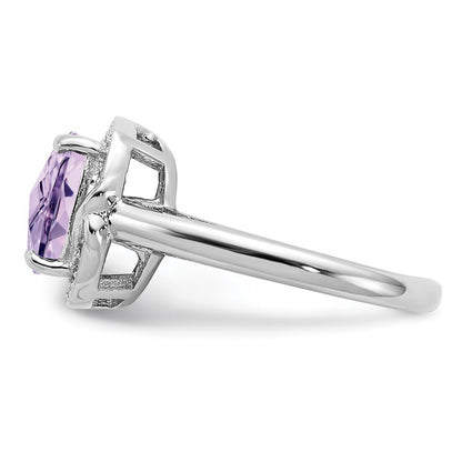 Sterling Silver Rhodium Diamond & Checker Cut Pink Quartz Ring