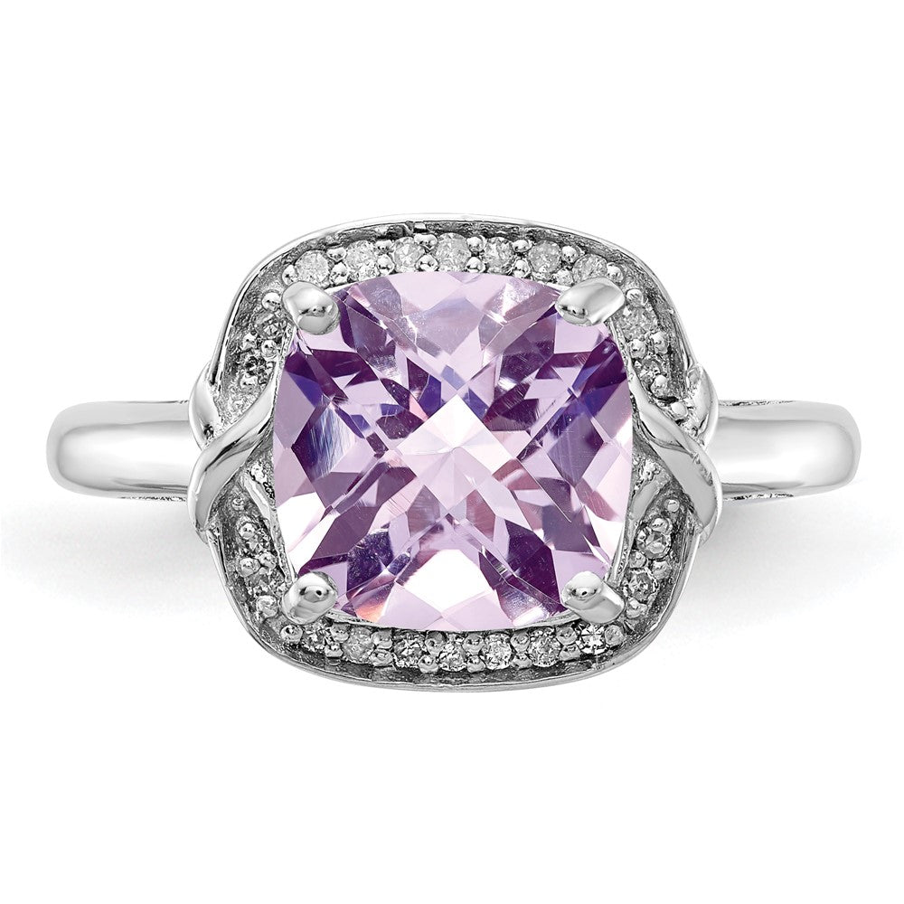 Sterling Silver Rhodium Diamond & Checker Cut Pink Quartz Ring