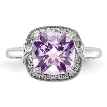 Sterling Silver Rhodium Diamond & Checker Cut Pink Quartz Ring