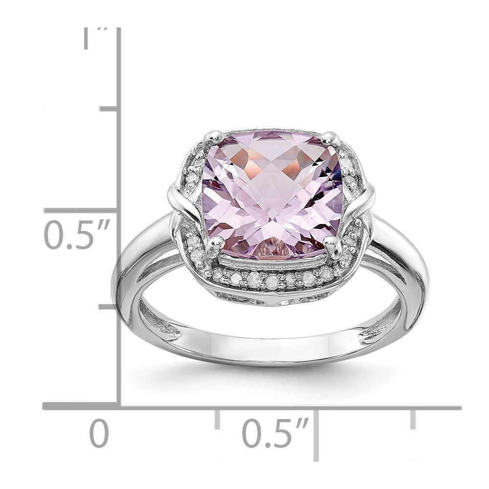 Sterling Silver Rhodium Diamond & Checker Cut Pink Quartz Ring