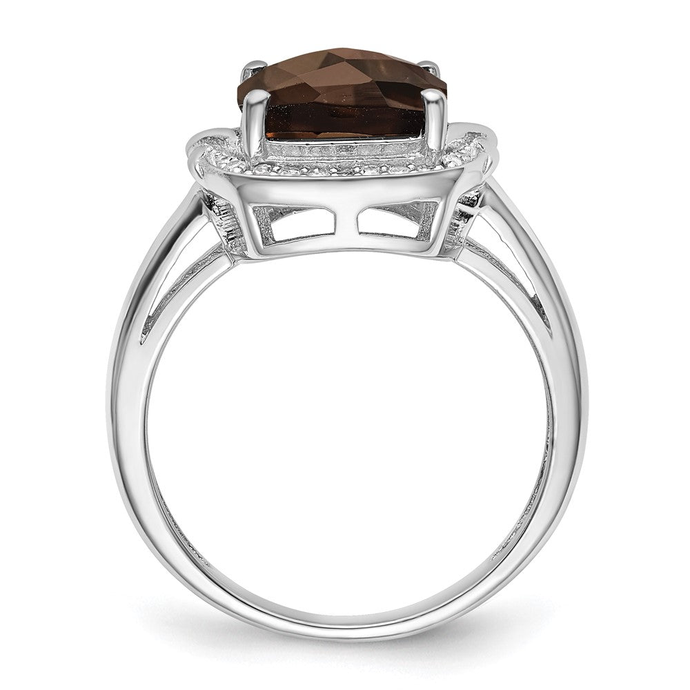 Sterling Silver Rhodium Diamond & Checker Cut Smoky Quartz Ring