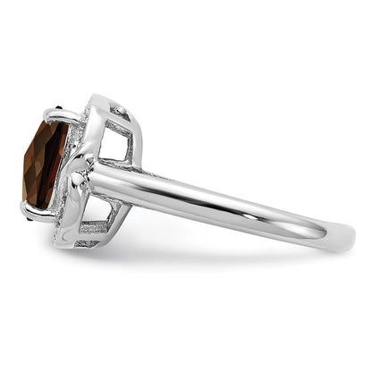 Sterling Silver Rhodium Diamond & Checker Cut Smoky Quartz Ring