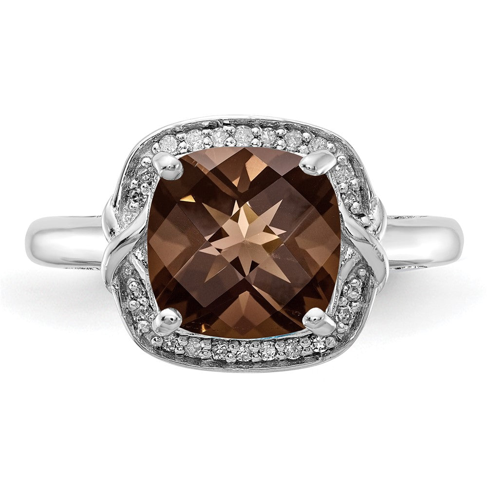 Sterling Silver Rhodium Diamond & Checker Cut Smoky Quartz Ring