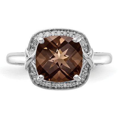 Sterling Silver Rhodium Diamond & Checker Cut Smoky Quartz Ring