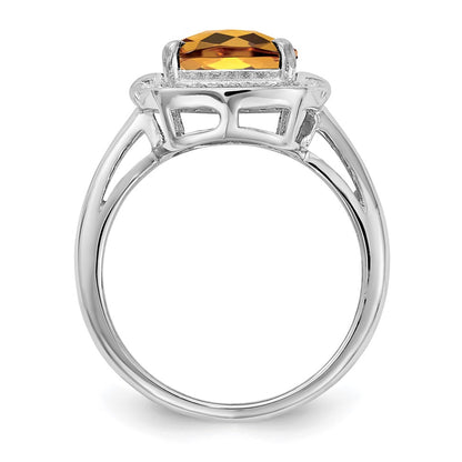 Sterling Silver Rhodium Diamond & Checker Cut Whiskey Quartz Ring