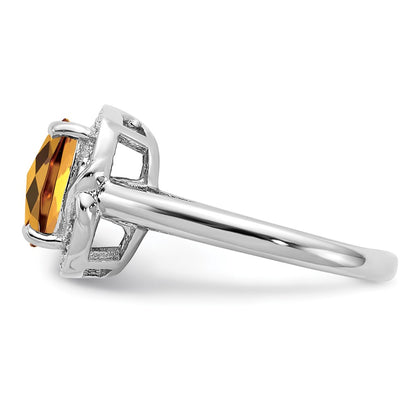 Sterling Silver Rhodium Diamond & Checker Cut Whiskey Quartz Ring