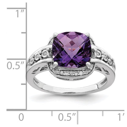 Sterling Silver Rhodium Plated Diamond & Checker Cut Amethyst Ring