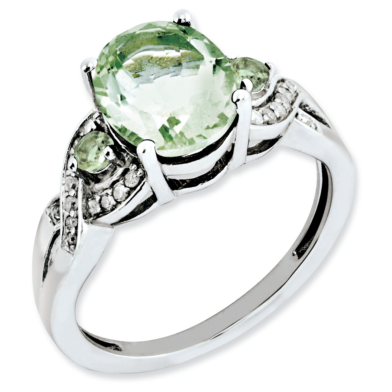 Sterling Silver Rhodium Plated Oval Diamond & Green Quartz Ring (Size 7 Only)
