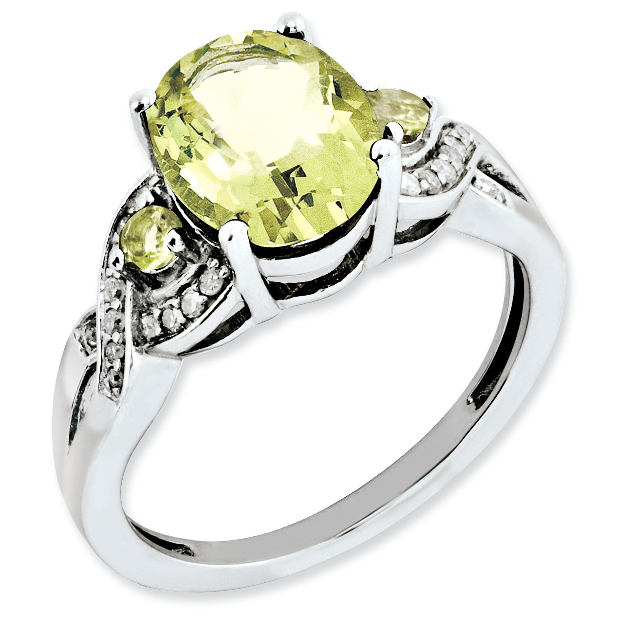 Sterling Silver Rhodium Plated Oval Diamond & Lemon Quartz Ring (Size 7 Only)