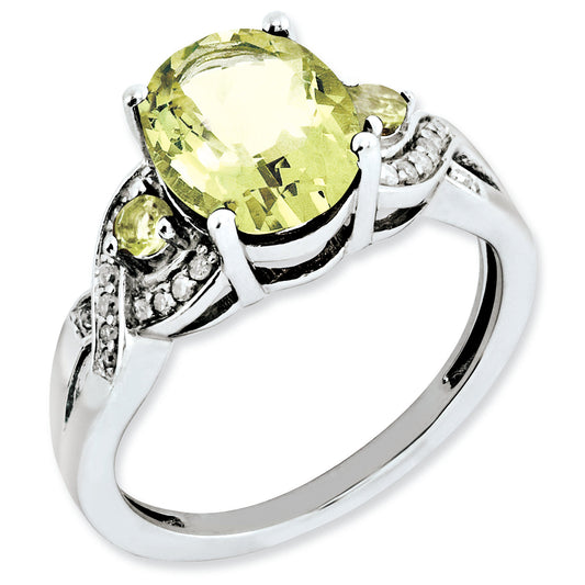 Sterling Silver Rhodium Plated Oval Diamond & Lemon Quartz Ring (Size 7 Only)