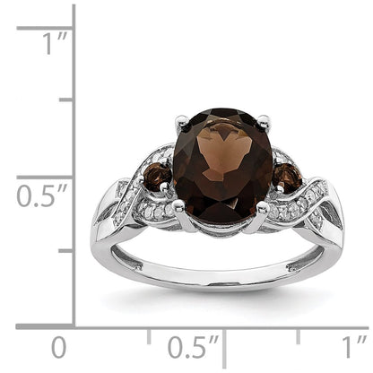 Sterling Silver Rhodium Diamond & Smoky Quartz Ring