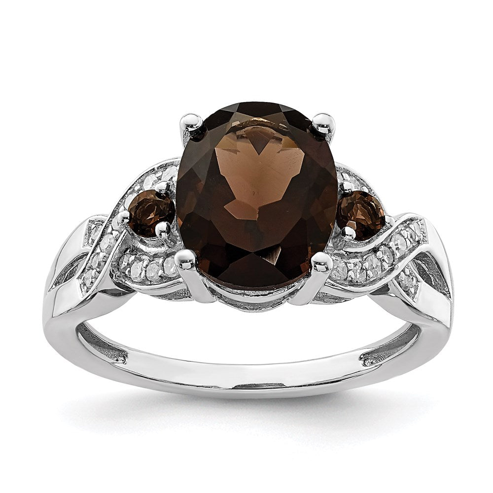 Sterling Silver Rhodium Diamond & Smoky Quartz Ring