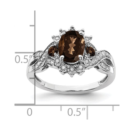 Sterling Silver Rhodium Diamond & Smoky Quartz Ring