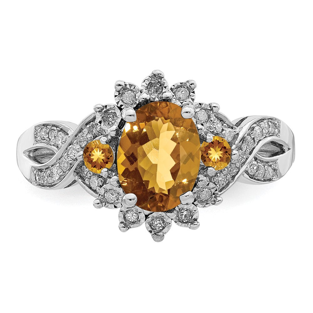 Sterling Silver Rhodium Diamond & Whiskey Quartz Ring