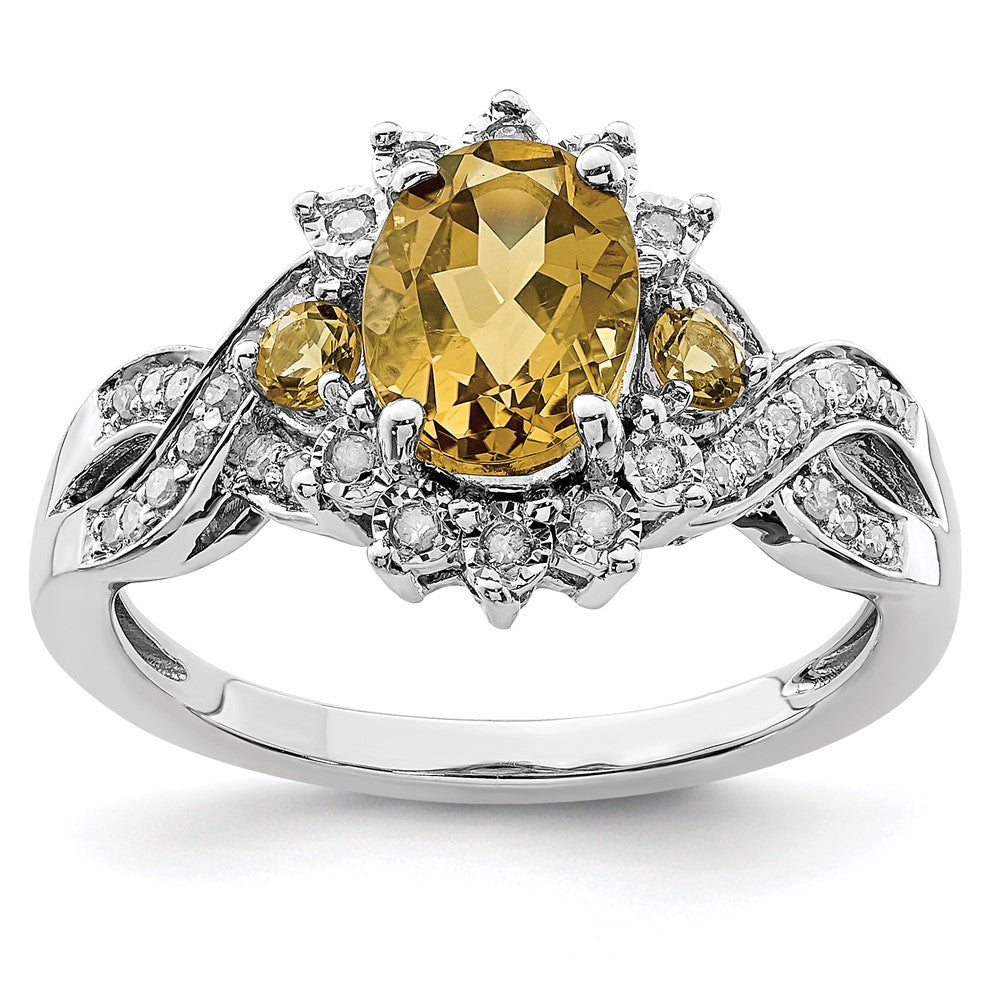 Sterling Silver Rhodium Diamond & Whiskey Quartz Ring