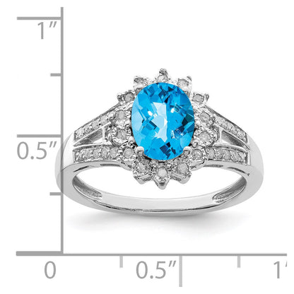Sterling Silver Rhodium Diamond & Oval Checker Cut Blue Topaz Ring (Size 7 Only)