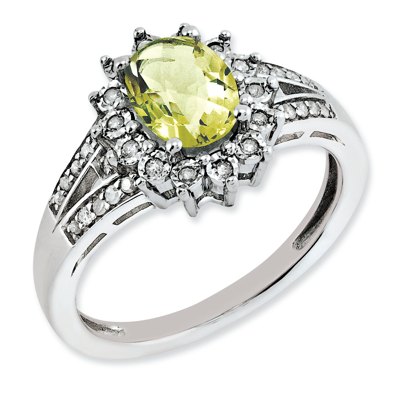 Sterling Silver Rh Plated Diamond & Oval Checker Cut Lemon Quartz Ring (Size 7 Only)