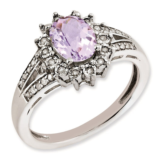 Sterling Silver Rh Plated Diamond & Oval Checker Cut Pink Quartz Ring (Size 7 Only)