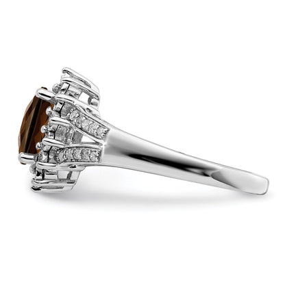 Sterling Silver Rhodium Diamond & Oval Checker Cut Smoky Quartz Ring (Size 7 Only)