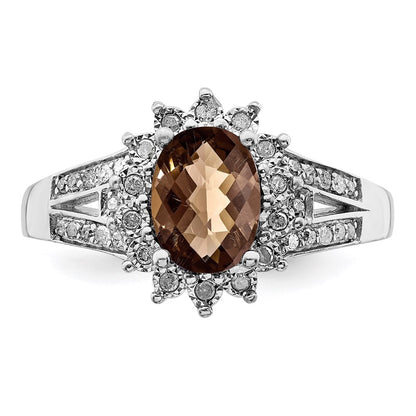 Sterling Silver Rhodium Diamond & Oval Checker Cut Smoky Quartz Ring (Size 7 Only)