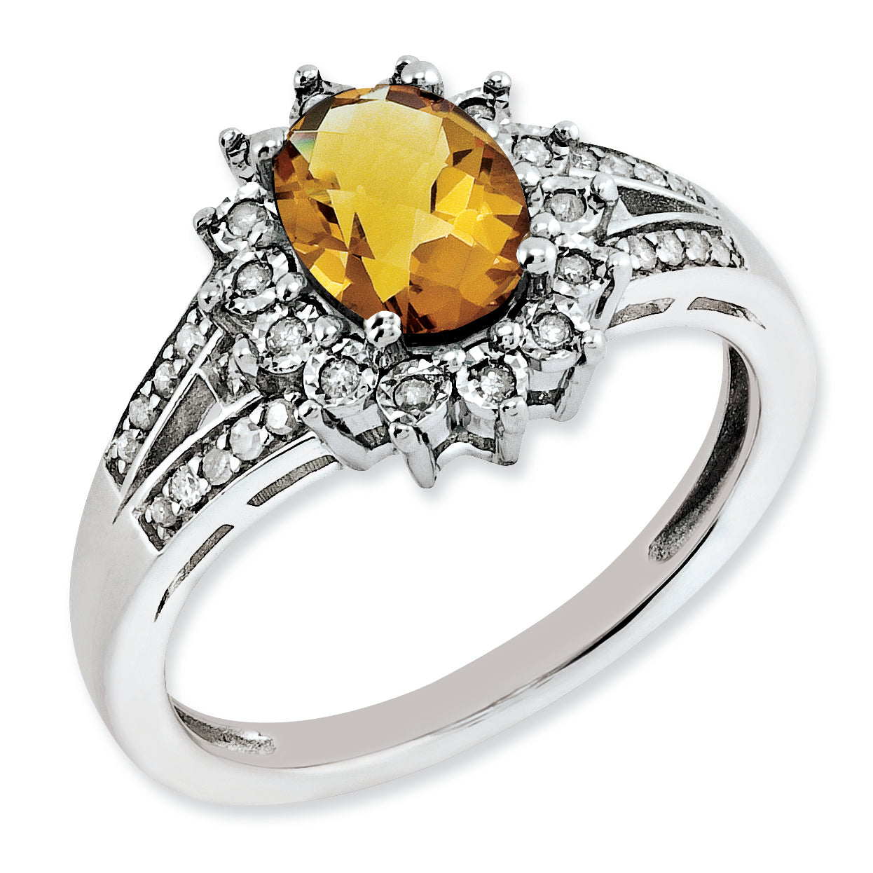 Sterling Silver Rh Plated Diamond & Oval Checker Cut Whiskey Quartz Ring (Size 7 Only)