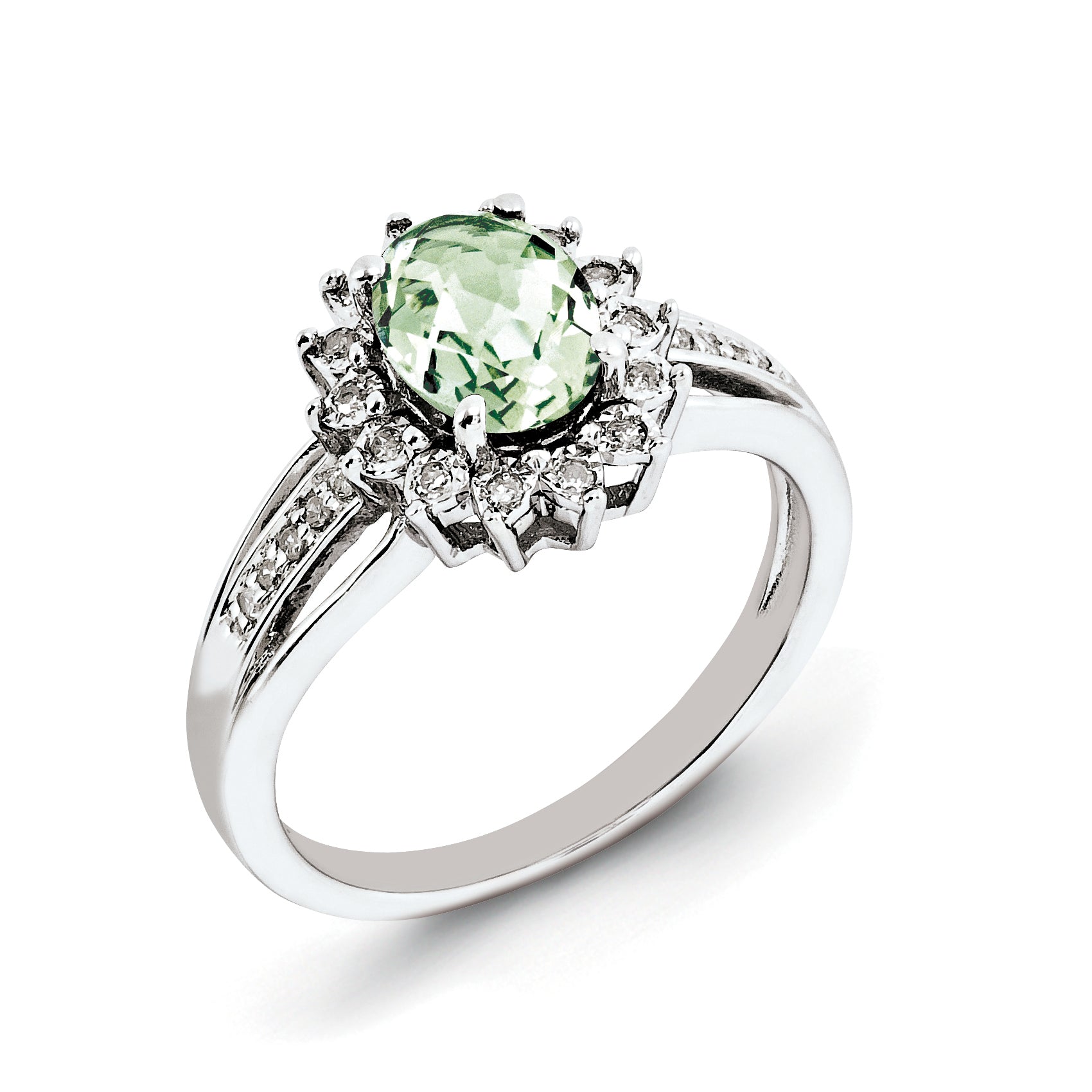 Sterling Silver Rhodium Plated Diamond & Oval Green Quartz Ring (Size 7 Only)