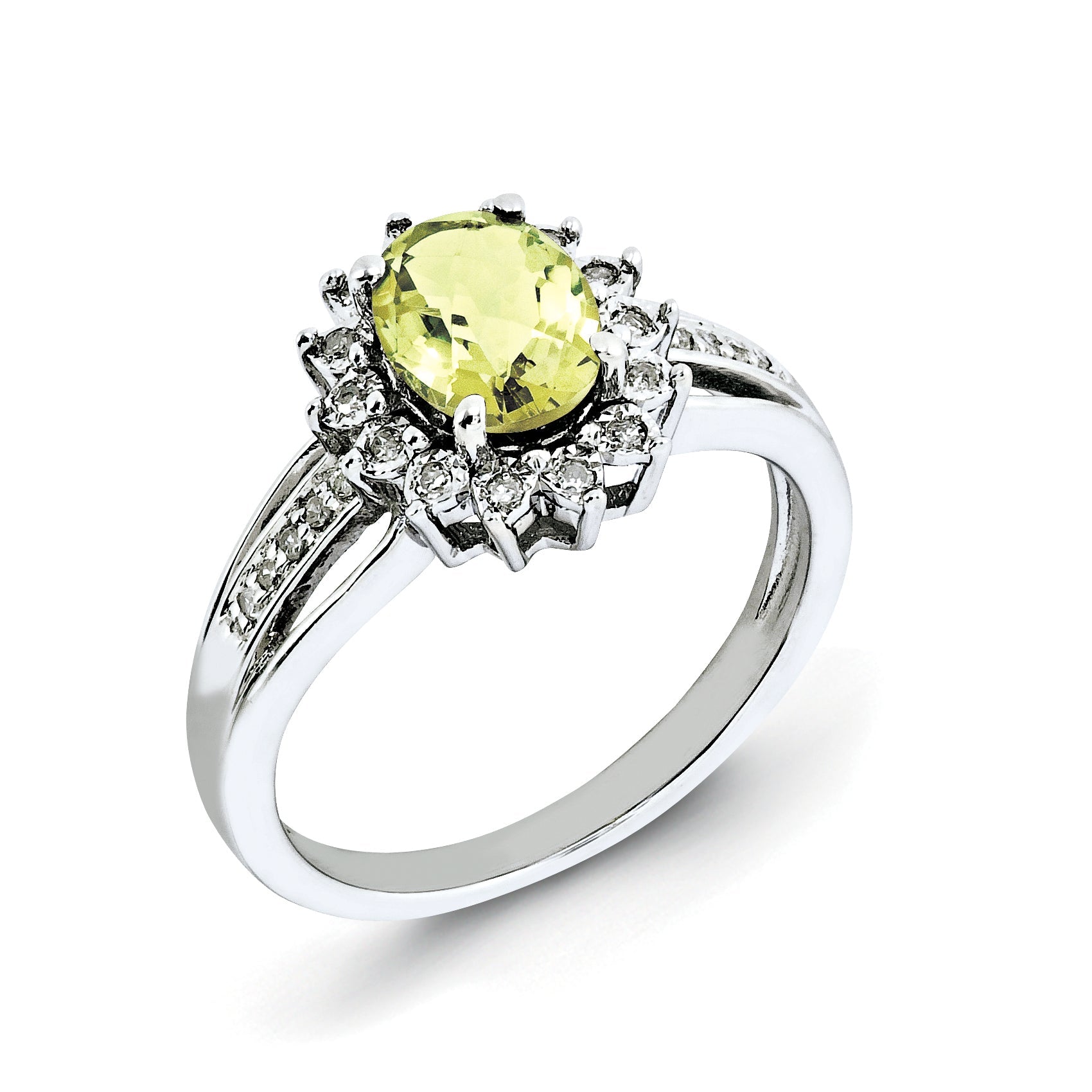 Sterling Silver Rhodium Plated Diamond & Oval Lemon Quartz Ring (Size 7 Only)