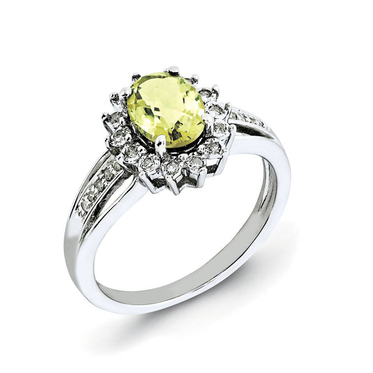 Sterling Silver Rhodium Plated Diamond & Oval Lemon Quartz Ring (Size 7 Only)