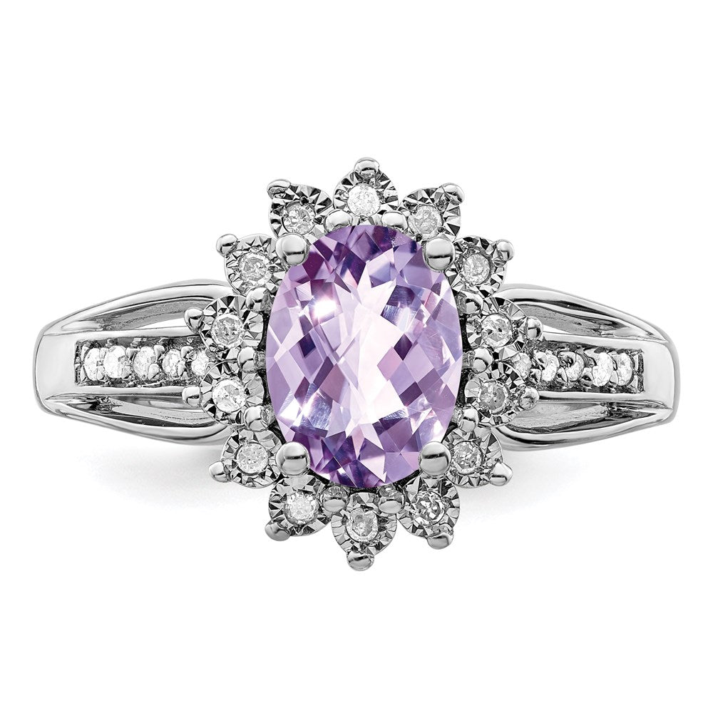 Sterling Silver Rhodium Diamond & Oval Pink Quartz Ring (Size 7 Only)