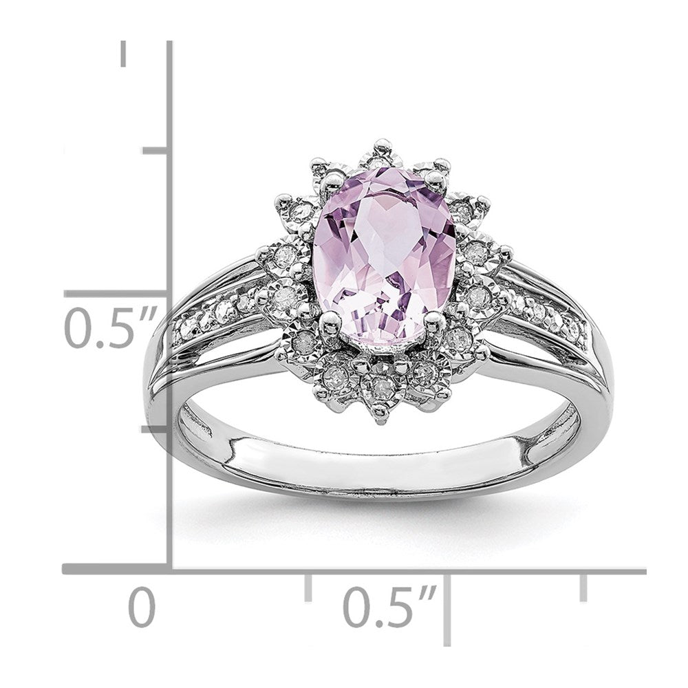 Sterling Silver Rhodium Diamond & Oval Pink Quartz Ring (Size 7 Only)