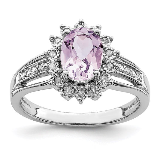 Sterling Silver Rhodium Diamond & Oval Pink Quartz Ring (Size 7 Only)
