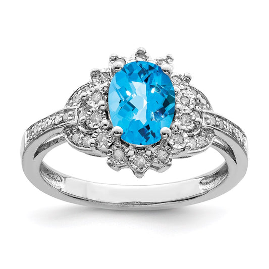 Sterling Silver Rhodium Diamond & Oval Checker Cut Blue Topaz Ring (Size 7 Only)