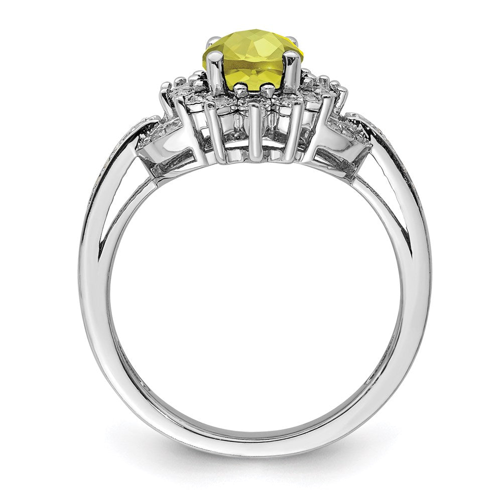 Sterling Silver Rhodium Diamond & Oval Checker Cut Lemon Quartz Ring (Size 7 Only)