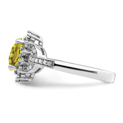 Sterling Silver Rhodium Diamond & Oval Checker Cut Lemon Quartz Ring (Size 7 Only)