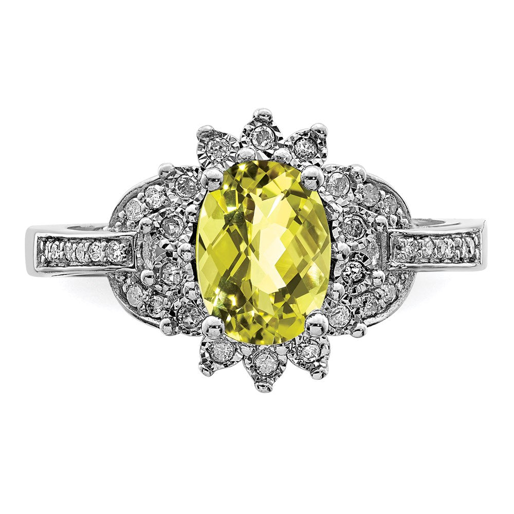 Sterling Silver Rhodium Diamond & Oval Checker Cut Lemon Quartz Ring (Size 7 Only)