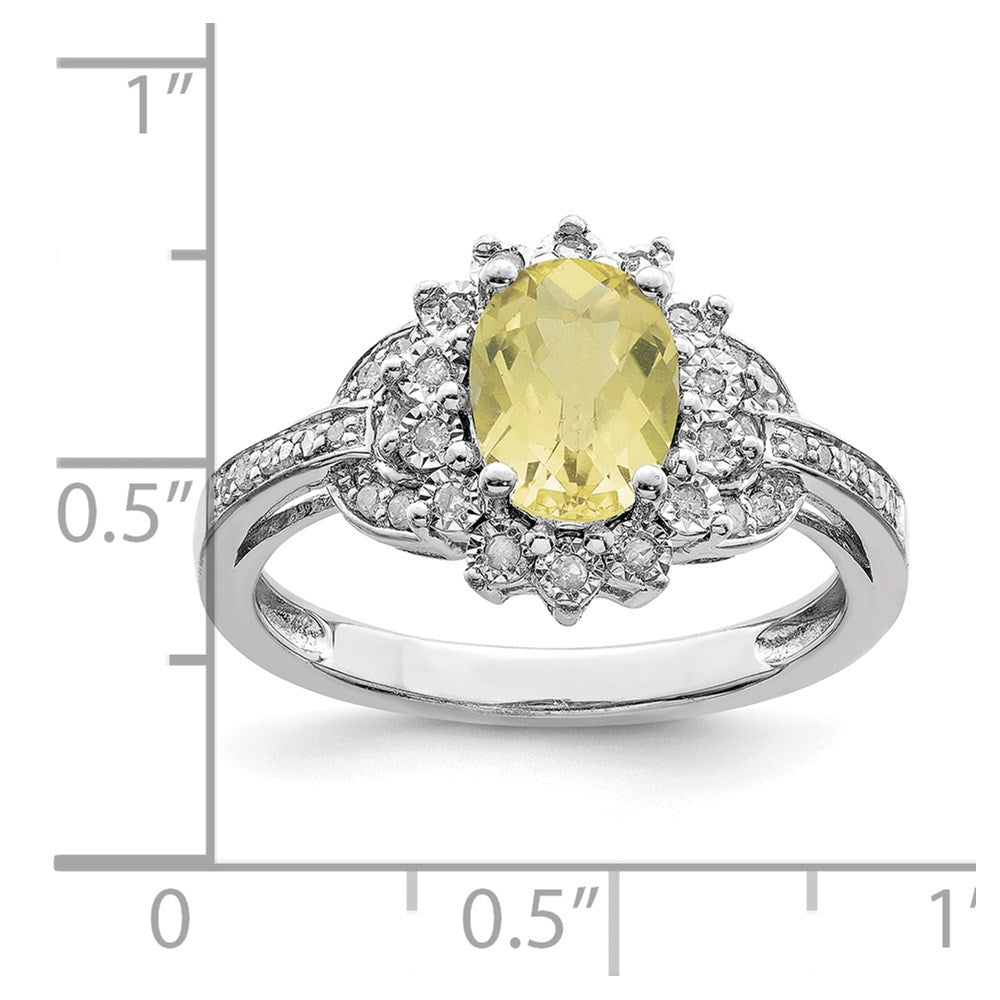 Sterling Silver Rhodium Diamond & Oval Checker Cut Lemon Quartz Ring (Size 7 Only)