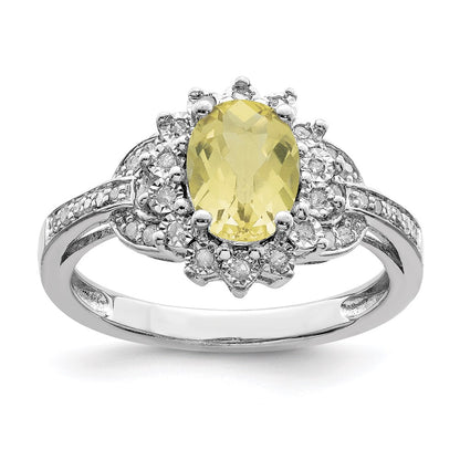 Sterling Silver Rhodium Diamond & Oval Checker Cut Lemon Quartz Ring (Size 7 Only)