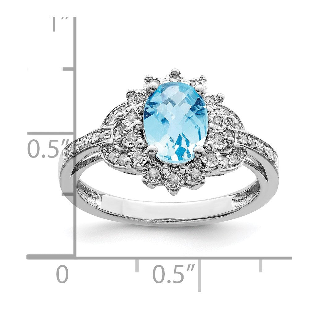 Sterling Silver Rhodium Diamond & Checker Cut Sky Blue Topaz Ring (Size 7 Only)