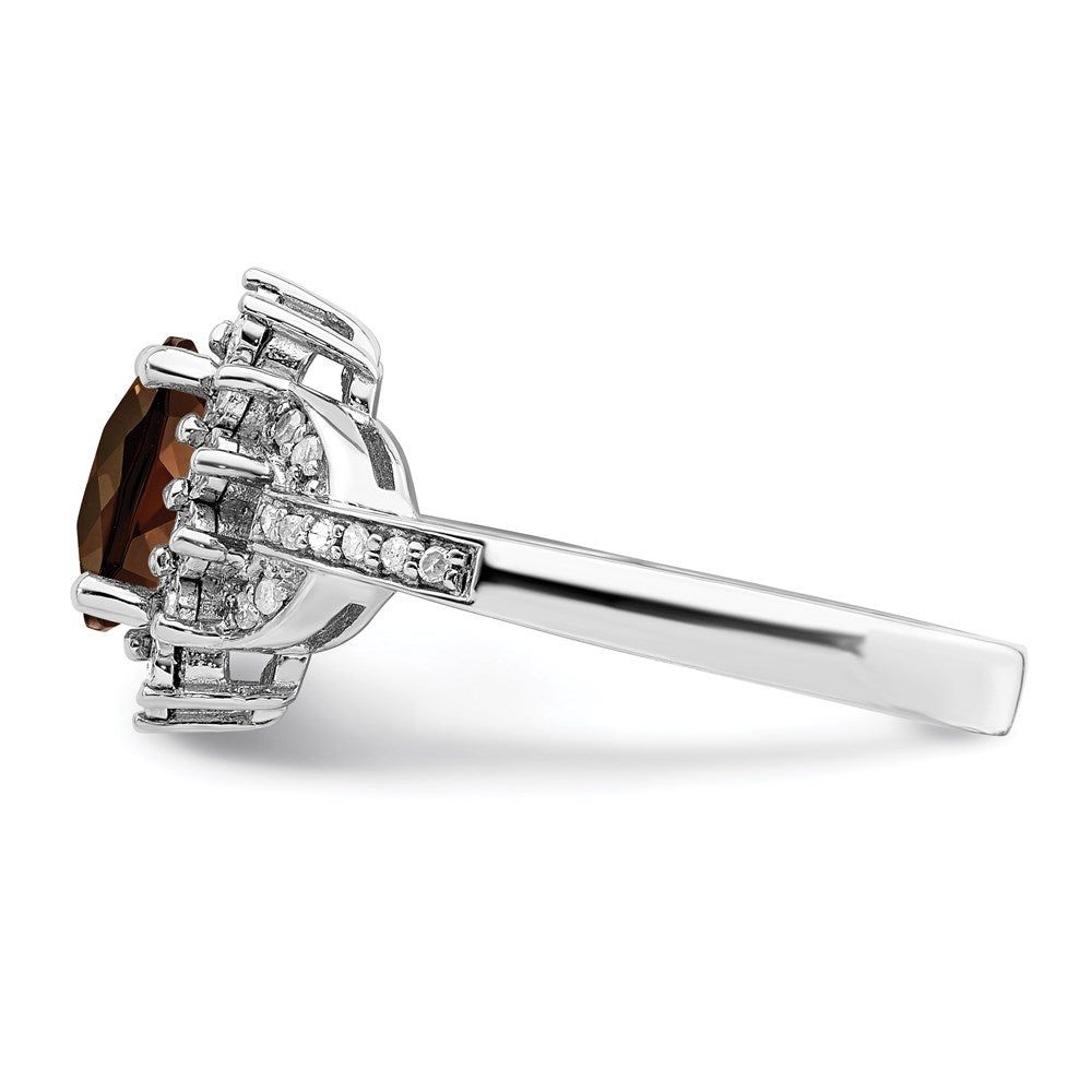 Sterling Silver Rhodium Diamond & Oval Checker Cut Smoky Quartz Ring (Size 7 Only)