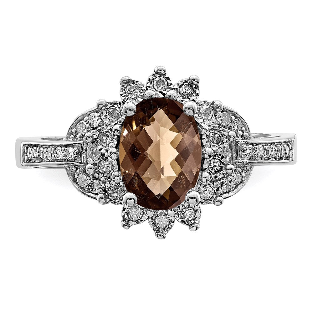 Sterling Silver Rhodium Diamond & Oval Checker Cut Smoky Quartz Ring (Size 7 Only)