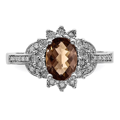 Sterling Silver Rhodium Diamond & Oval Checker Cut Smoky Quartz Ring (Size 7 Only)