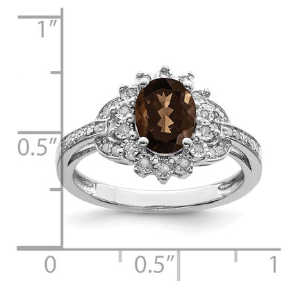 Sterling Silver Rhodium Diamond & Oval Checker Cut Smoky Quartz Ring (Size 7 Only)