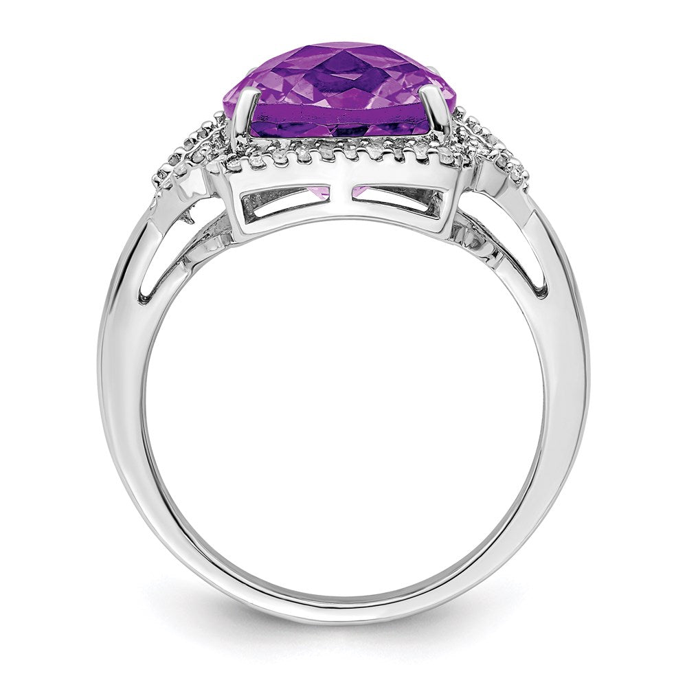Sterling Silver Rhodium Plated Checker Cut Amethyst & Diamond Ring (Size 7 Only)