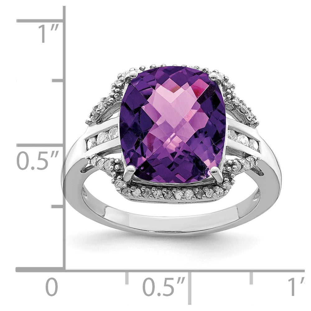 Sterling Silver Rhodium Plated Checker Cut Amethyst & Diamond Ring (Size 7 Only)