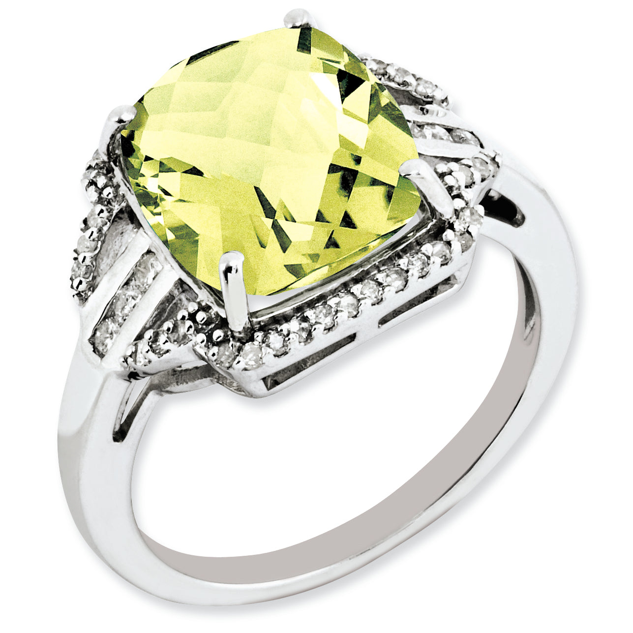 Sterling Silver Rhodium Plated Diamond & Checker Cut Lemon Quartz Ring (Size 7 Only)